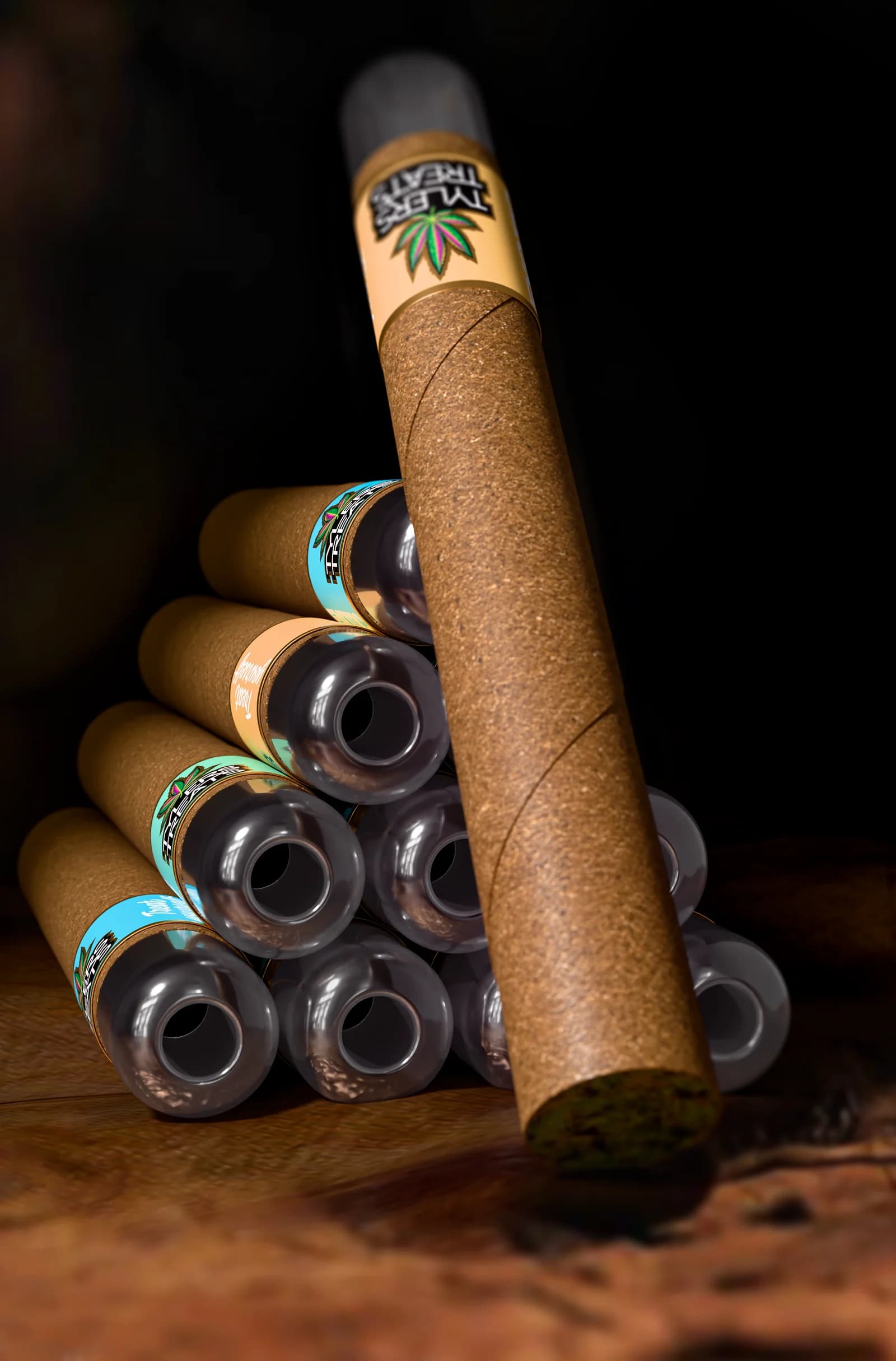 A stack of Tyler’s Treats 1.2g glass tip blunts on dark wood