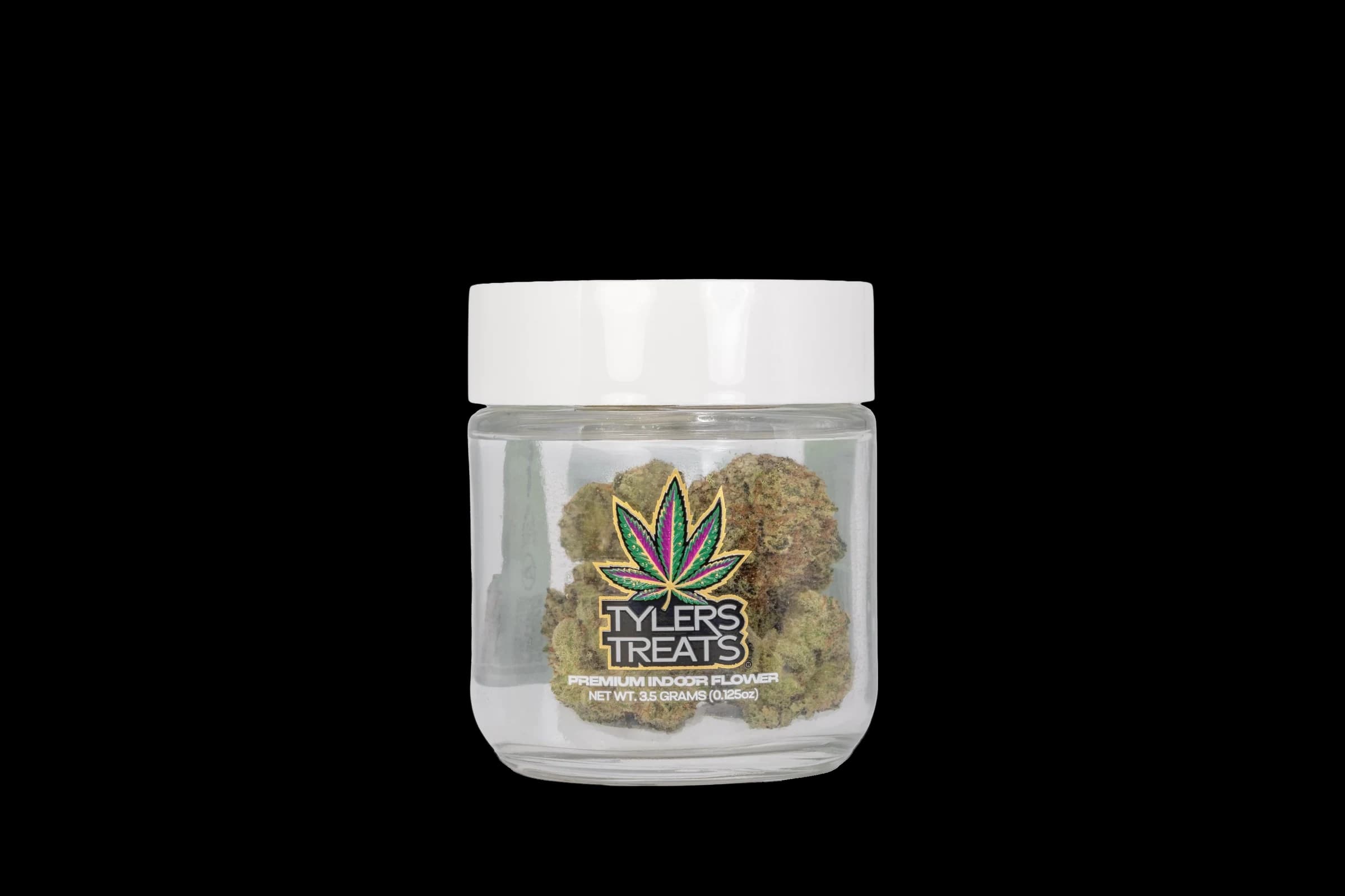 Tyler’s Treats 3.5g glass jar of whole flower with a white lid