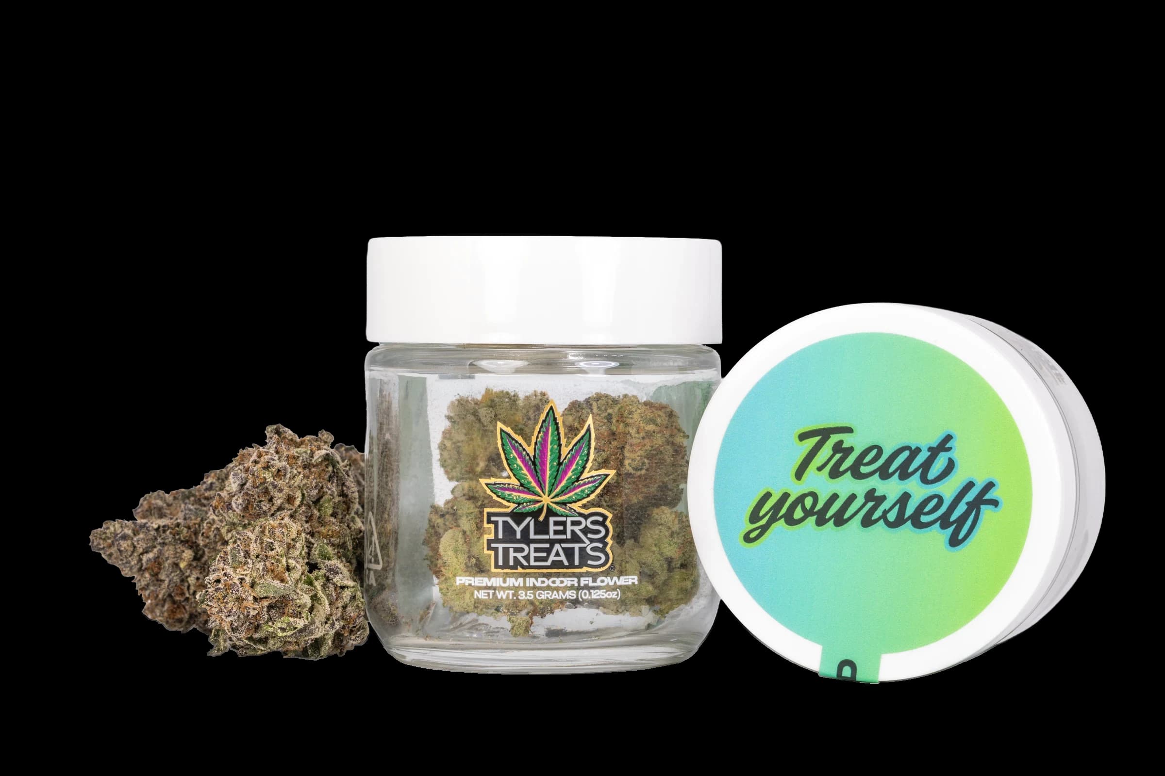 Tyler’s Treats 3.5g jar with a green Hybrid lid and a whole flower bud